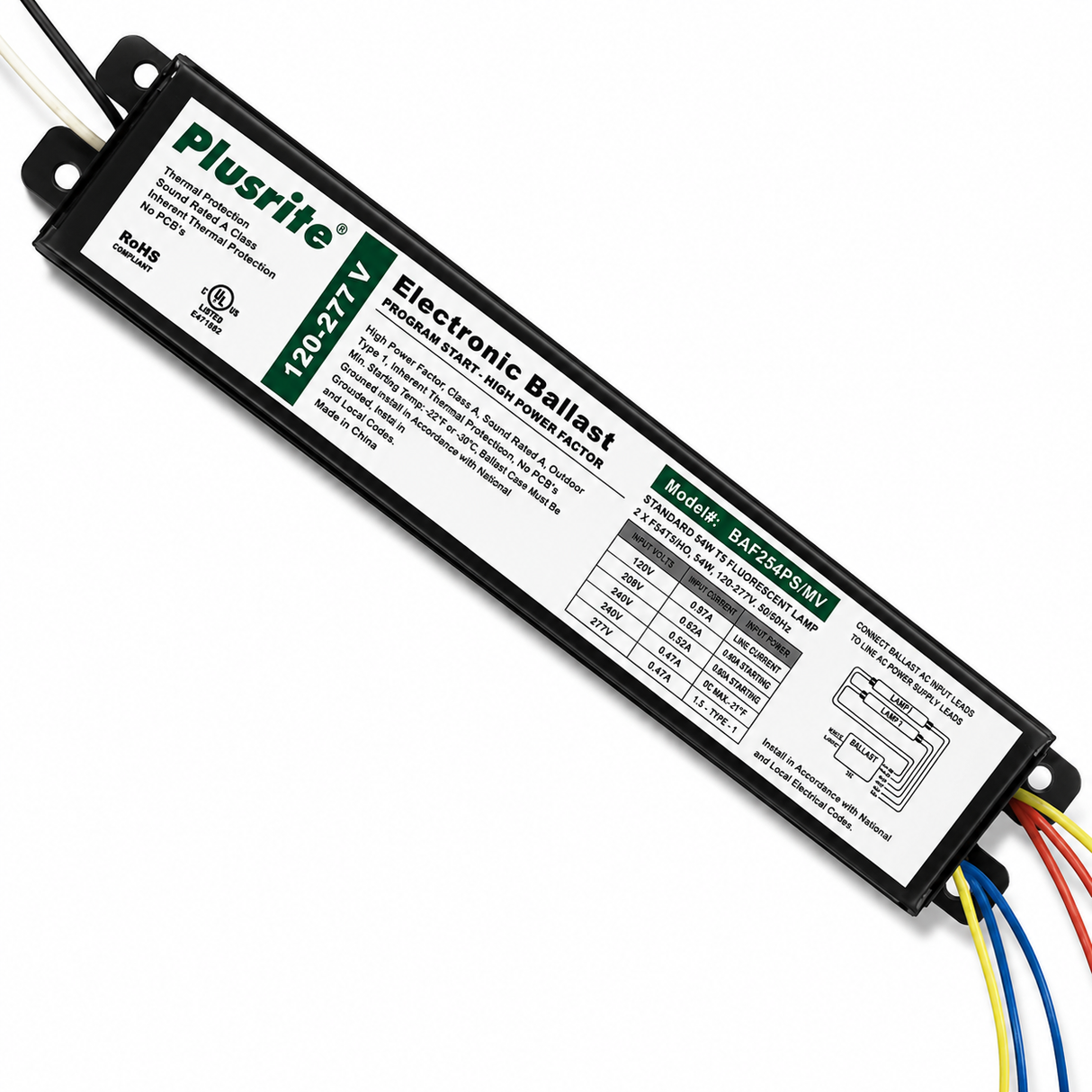 Plusrite 7318 BAF254PS/MV 1-2 Lamp F54T5/HO Program Start Fluorescent Ballast 120-277V