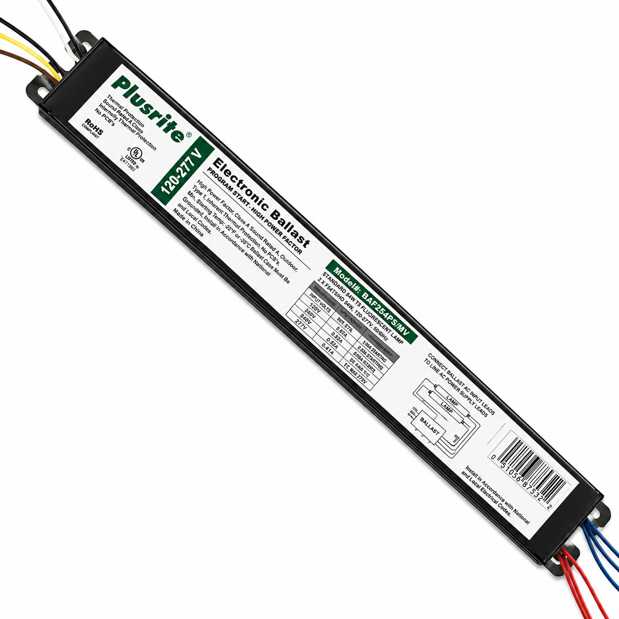 Plusrite 7319 BAF454PS/MV 3-4 Lamp F54T5/HO Program Start Fluorescent Ballast 120-277V