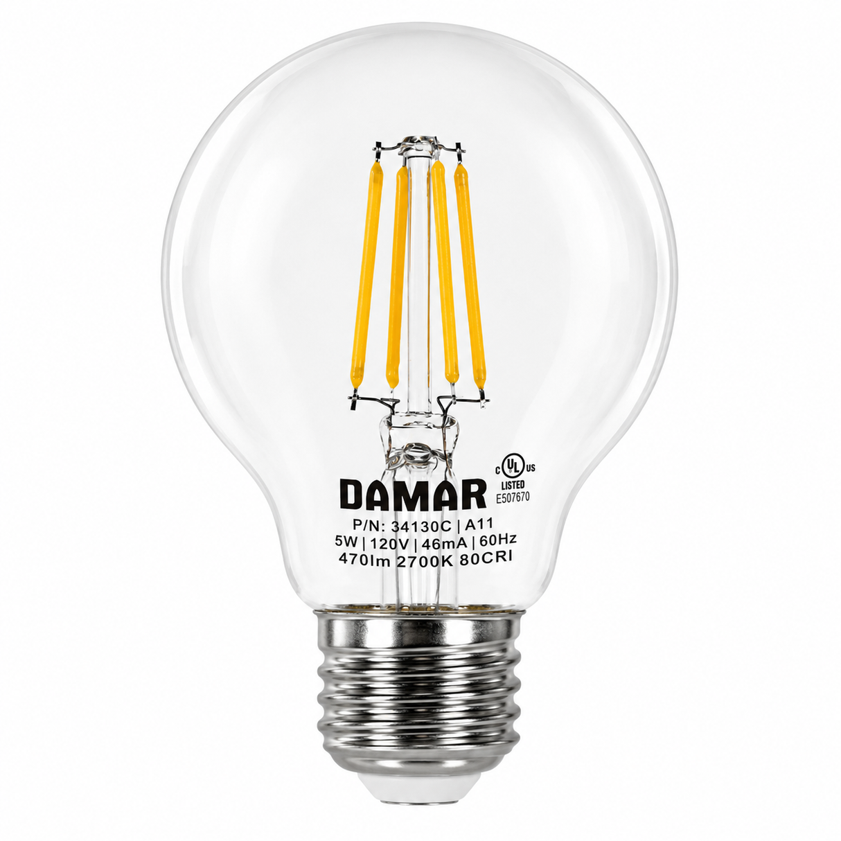 DAMAR 34130C LED5G25/CL/FIL/27K/D 5W G25 LED Globe Filament Clear Finish Dimmable 120V