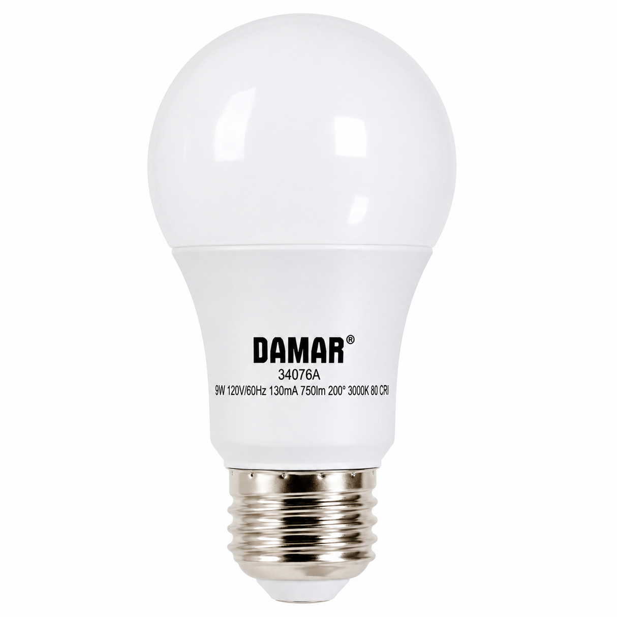 DAMAR 34076A LED9A19/3K 9W A19 LED 3000K Non-Dimmable E26 Base 120V