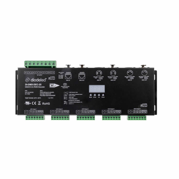 Diode LED DI-DMX-DEC-25 DMX512 25-Channel Decorder wtih RDM & Digital Display controls LED TW, RGB, RGBW, and RGBWW Lighting Fixtures
