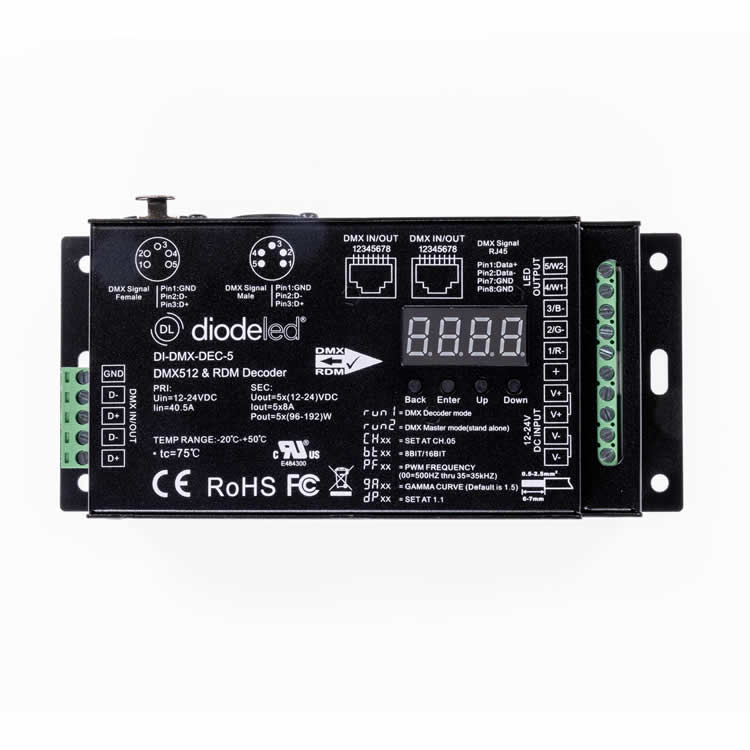 Diode LED DI-DMX-DEC-5 DMX512 5-Channel Decorder wtih RDM & Digital Display controls LED TW, RGB, RGBW, and RGBWW Lighting Fixtures