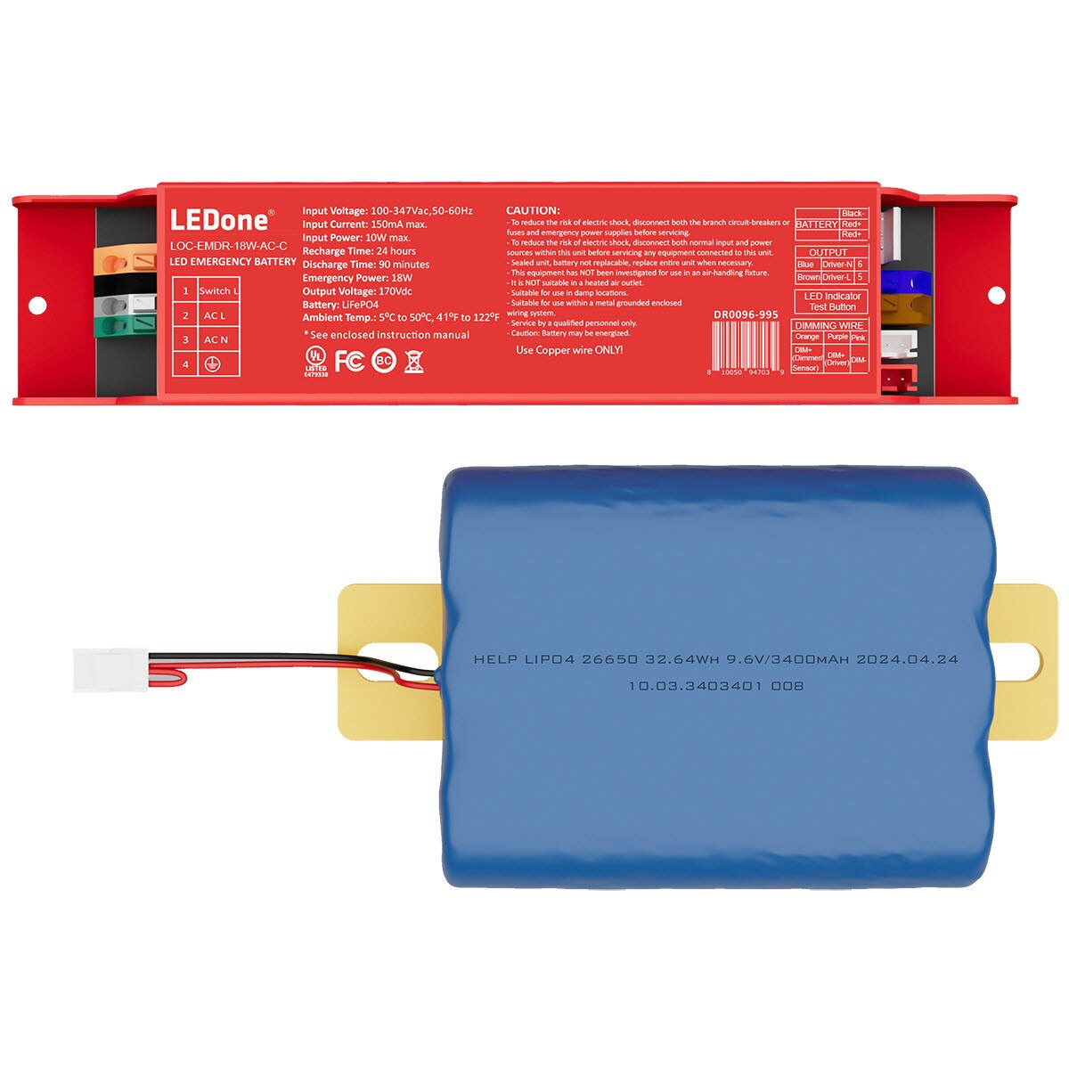 LEDone DR0096 LOC-EMDR-18W-AC-C 18W 2-Piece LED Emergency Driver 120-347V