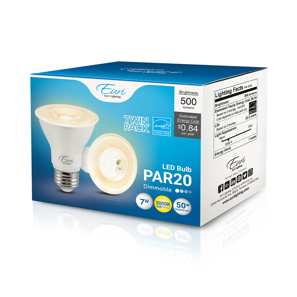 Euri Lighting EP20-7W6000e-2 7 Watt PAR20 LED Flood 3000K 120V (2-Pack)