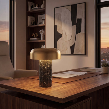 Kibun K70501 FLUTED COLUMN Rechargeable Cordless LED Table Lamp, 3-Levels Brightness Touch Sensor Control, Black Marble / Brushed Brass