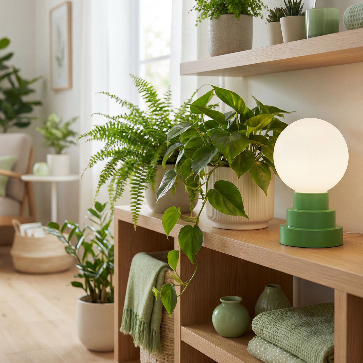 Kibun K70200 GLOBE Rechargeable Cordless LED Table Lamp, 3-Levels Brightness Touch Sensor Control, Moss