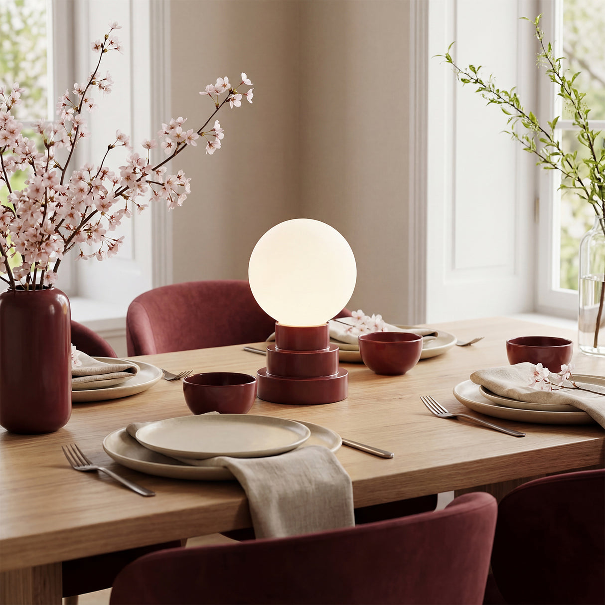 Kibun K70201 GLOBE Rechargeable Cordless LED Table Lamp, 3-Levels Brightness Touch Sensor Control, Oxblood