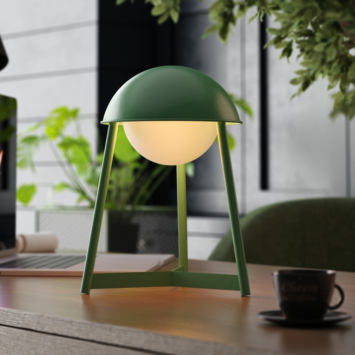 Kibun K70100 HELMET Rechargeable Cordless LED Table Lamp, 3-Levels Brightness Touch Sensor Control, Moss
