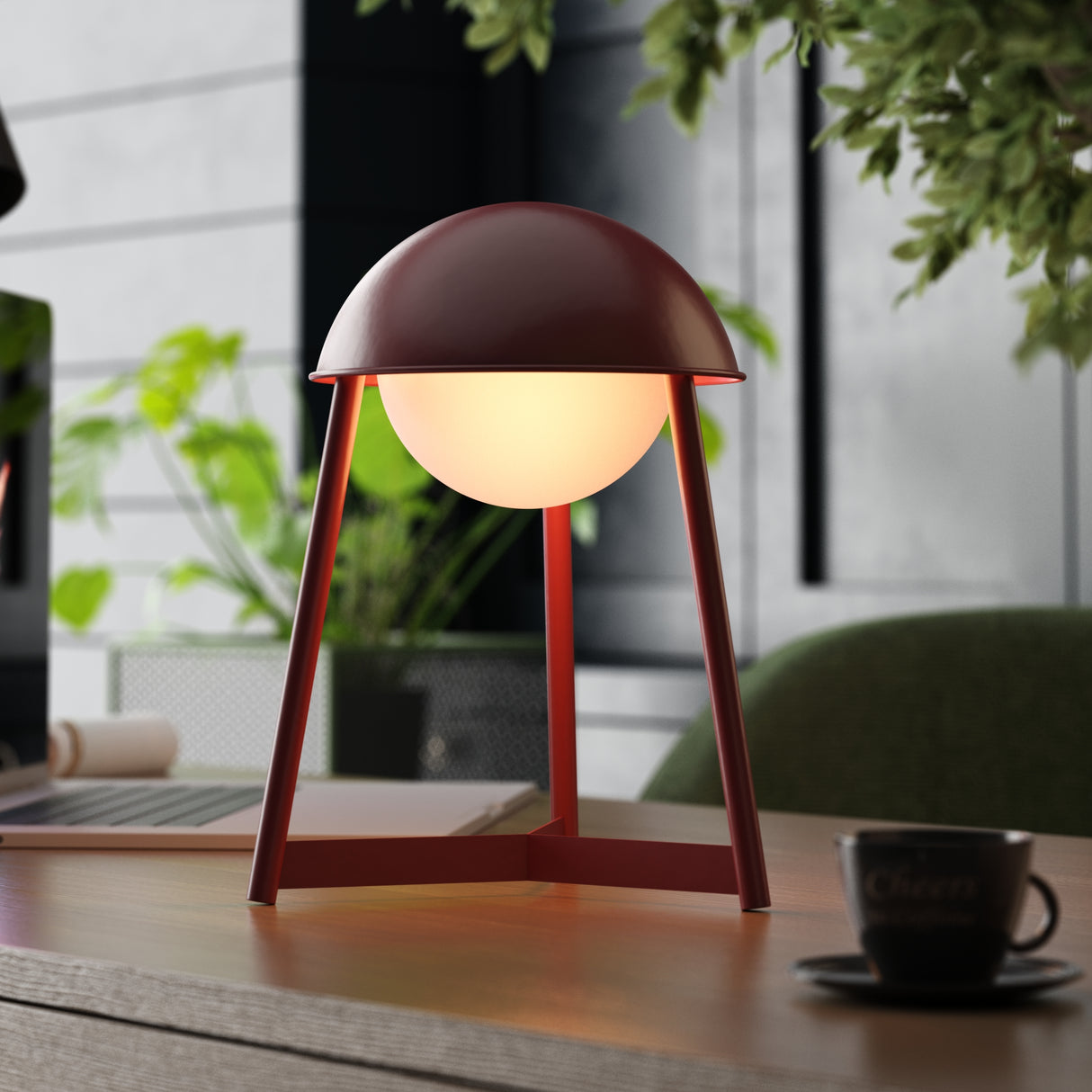 Kibun K70101 HELMET Rechargeable Cordless LED Table Lamp, 3-Levels Brightness Touch Sensor Control, Oxblood
