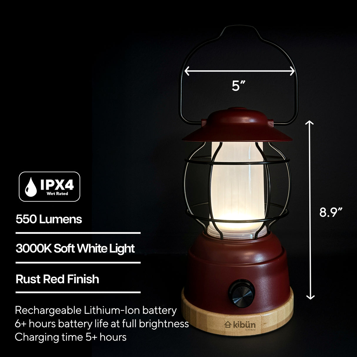 Kibun K80100 S'mores Cordless LED Outdoor Table Lamp with Dimmer, Built-in Rechargeable Battery, 3-Level Brightness with Power Bank, Red
