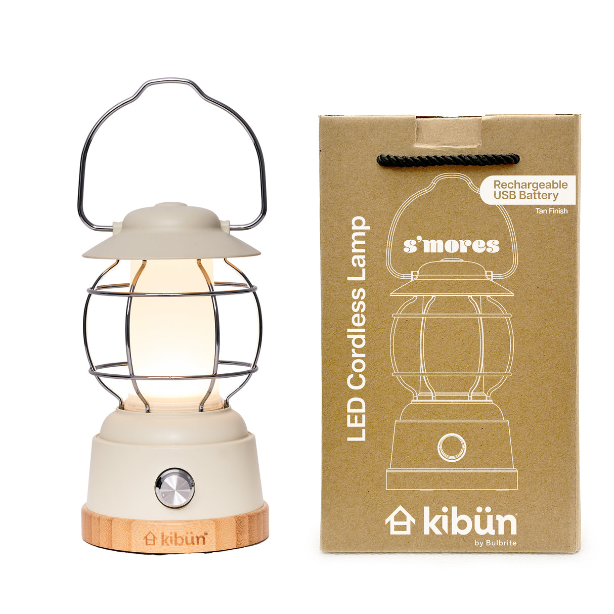 Kibun K80102 S'mores Cordless LED Outdoor Table Lamp with Dimmer, Built-in Rechargeable Battery, 3-Level Brightness with Power Bank, Tan