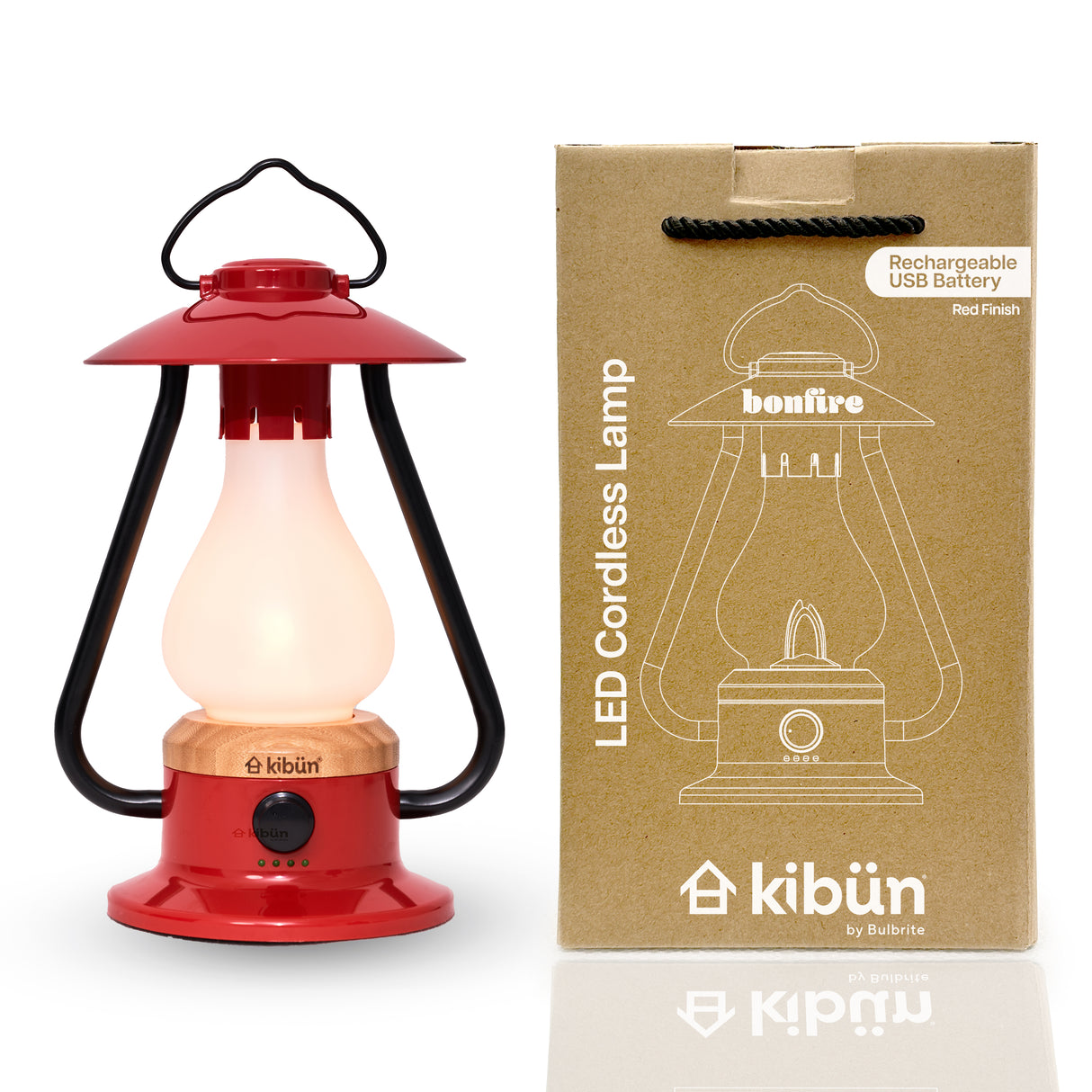 Kibun K80121 Bonfire Cordless LED Outdoor Table Lamp with Dimmer, Built-in Rechargeable Battery, 3-Level Brightness with Power Bank, Red