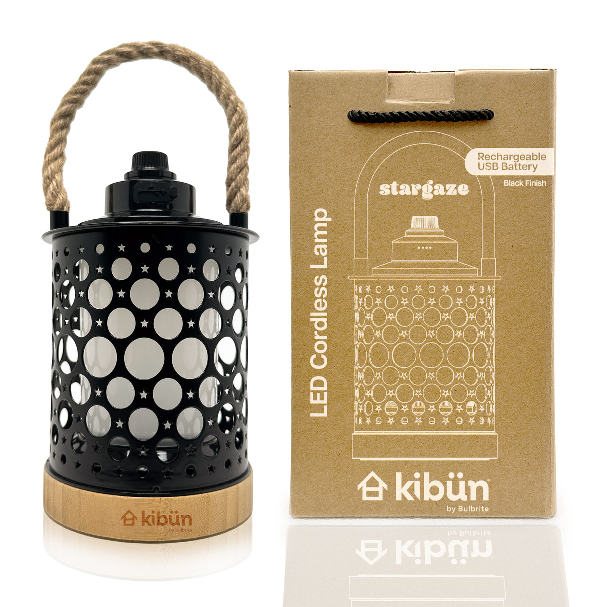 Kibun K80140 Stargaze Cordless LED Outdoor Table Lamp with Dimmer, Built-in Rechargeable Battery, 3-Level Brightness with Dual Power Source, Black