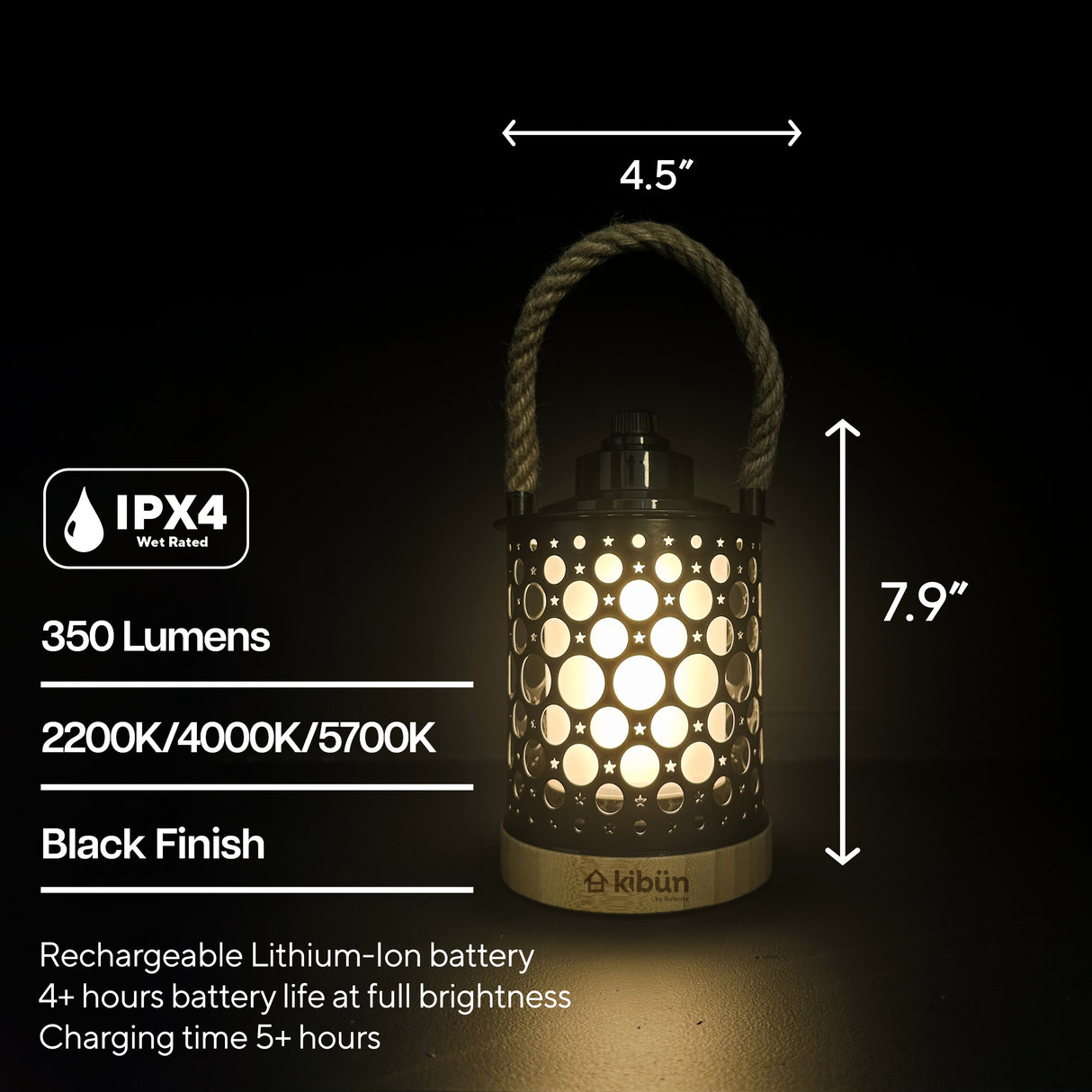 Kibun K80140 Stargaze Cordless LED Outdoor Table Lamp with Dimmer, Built-in Rechargeable Battery, 3-Level Brightness with Dual Power Source, Black
