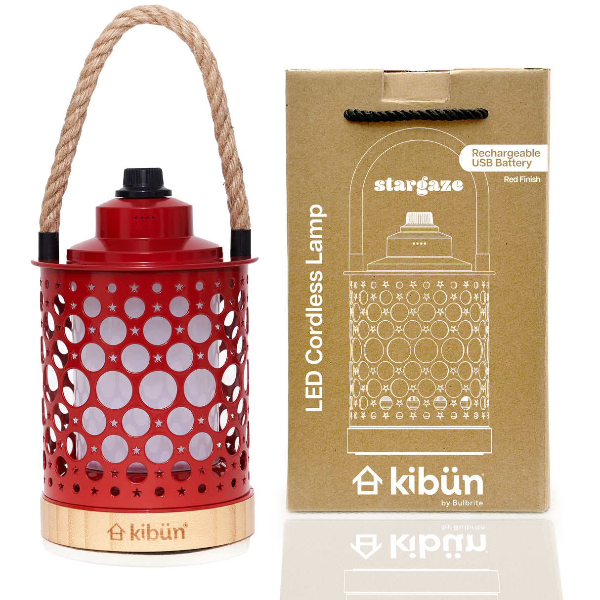 Kibun K80141 Stargaze Cordless LED Outdoor Table Lamp with Dimmer, Built-in Rechargeable Battery, 3-Level Brightness with Dual Power Source, Red
