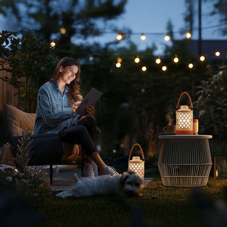 Kibun K80142 Stargaze Cordless LED Outdoor Table Lamp with Dimmer, Built-in Rechargeable Battery, 3-Level Brightness with Dual Power Source, White