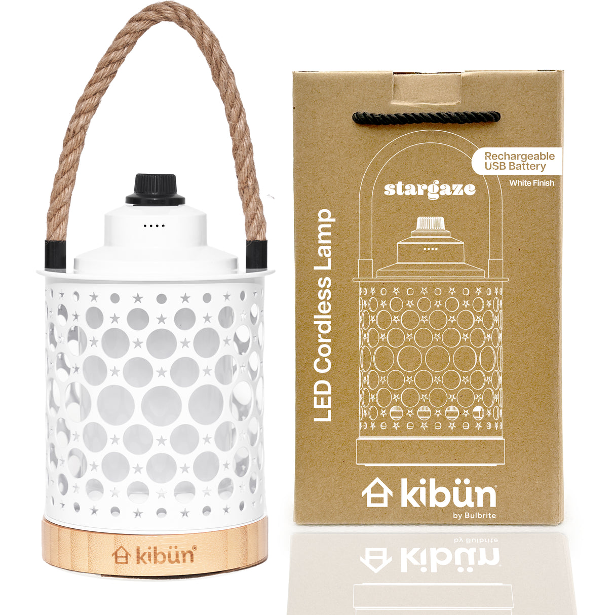 Kibun K80142 Stargaze Cordless LED Outdoor Table Lamp with Dimmer, Built-in Rechargeable Battery, 3-Level Brightness with Dual Power Source, White