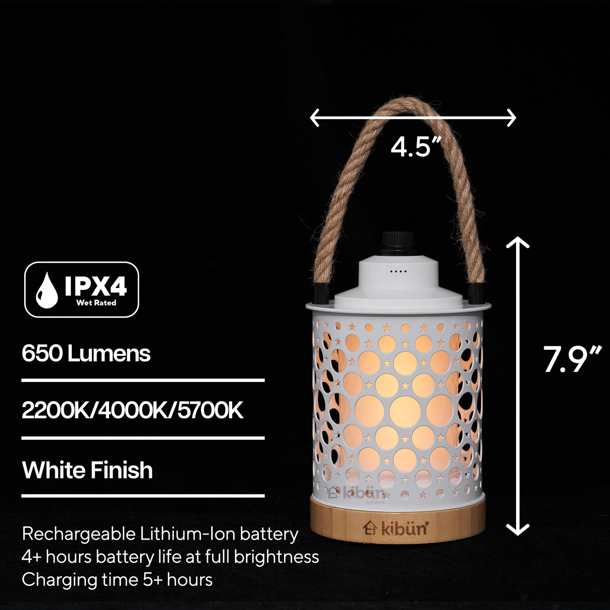 Kibun K80142 Stargaze Cordless LED Outdoor Table Lamp with Dimmer, Built-in Rechargeable Battery, 3-Level Brightness with Dual Power Source, White