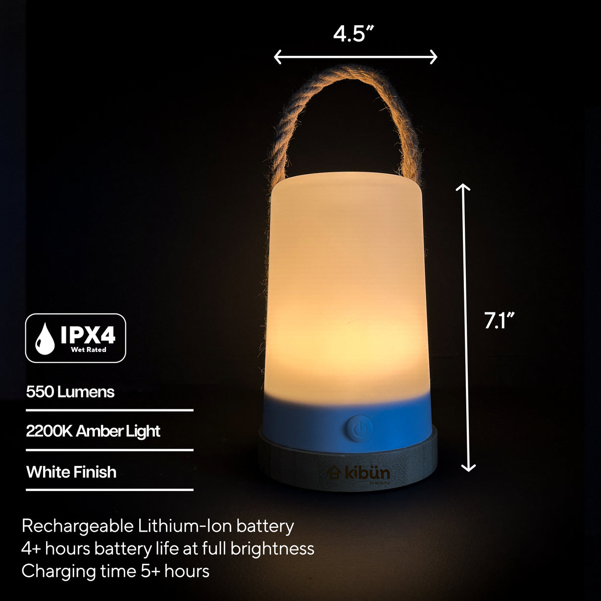 Kibun K80160 Groove Cordless LED Outdoor Table Lamp with Dimmer, Built-in Rechargeable Battery, 3-Level Brightness, White