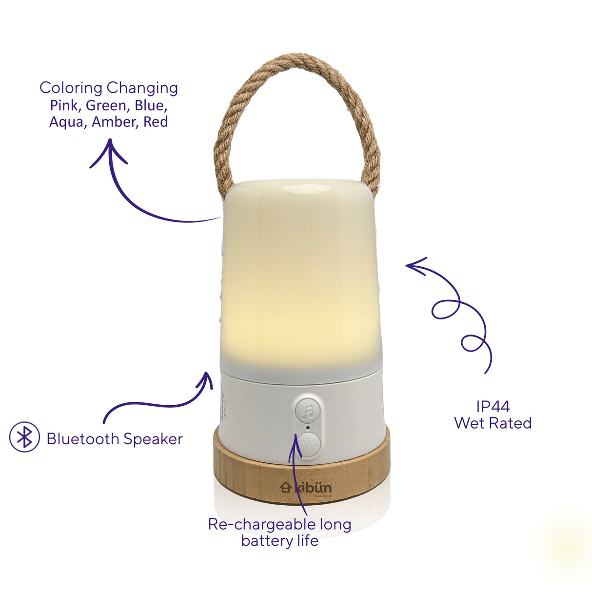 Kibun K80161 Groove Cordless LED Outdoor Table Lamp with Dimmer, Built-in Rechargeable Battery, 3-Level Brightness, Bluetooth Speaker / Color Changing, White