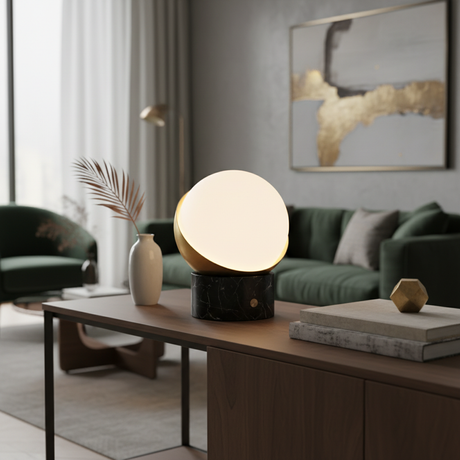 Kibun k70701 ORB Rechargeable Cordless LED Table Lamp, 3-Levels Brightness Touch Sensor Control, Black Marble / Brushed Brass
