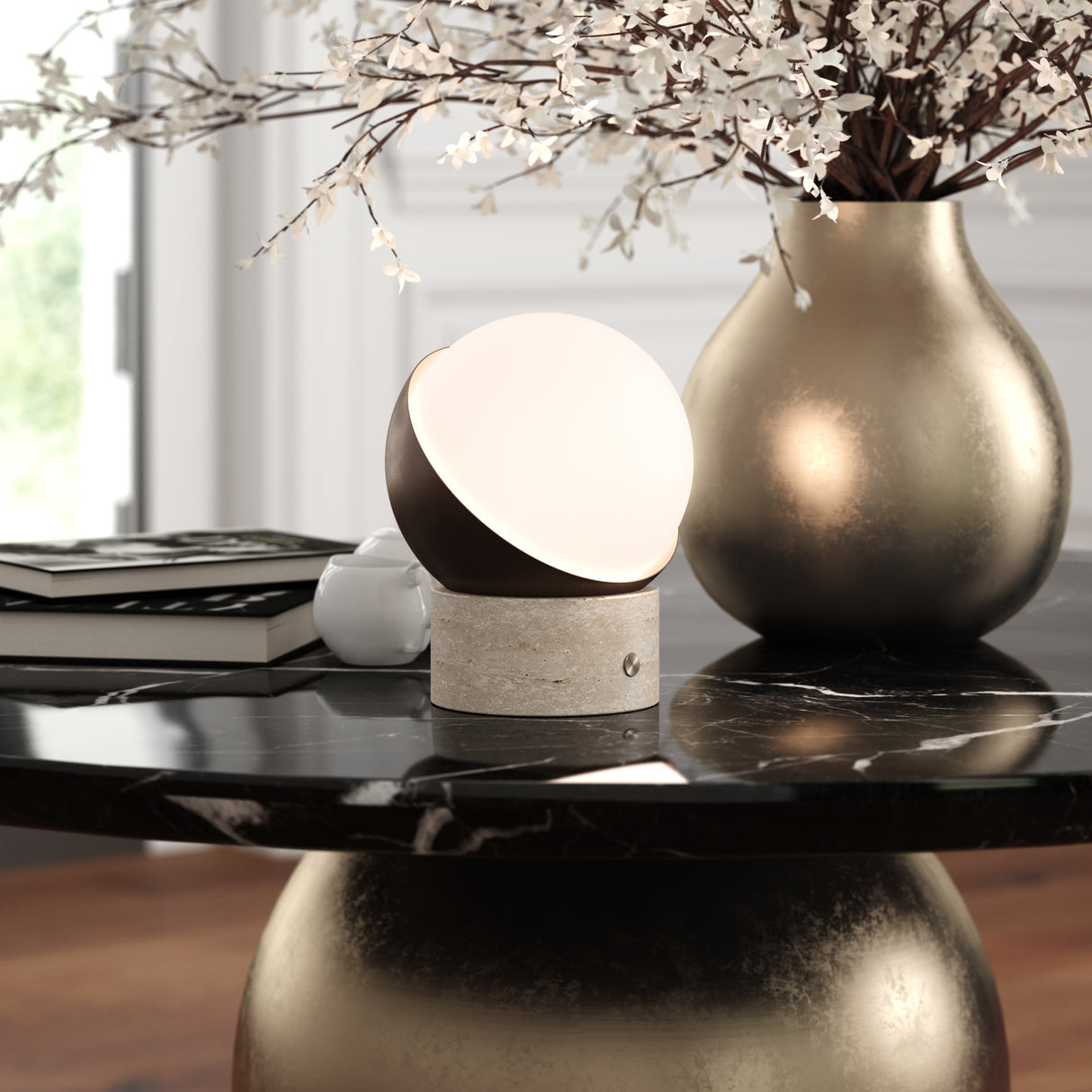 Kibun k70700 ORB Rechargeable Cordless LED Table Lamp, 3-Levels Brightness Touch Sensor Control, Travertine / Chocolate Bronze
