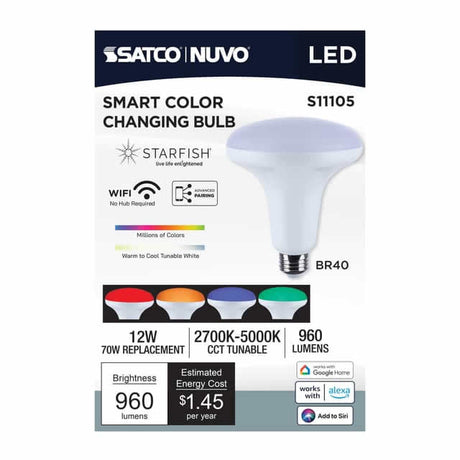 Satco S11105 BR40/12W/LED/RGBTW/SF 12W BR40 LED Flood 110° RGB+Tunable White 2700K-5000K Dimmable 90+CRI E26 120V