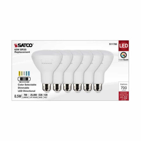 Satco S11780 8.5BR30/LED/5CCT/E26/120V/6PK 8.5W BR30 LED Flood 100° 27K/30K/35K/40K/50K Dimmable 90+CRI E26 120V (6-Pack)