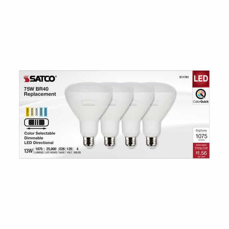 Satco S11781 13BR40/LED/5CCT/E26/120V/4PK 13W BR40 LED Flood 100° 27K/30K/35K/40K/50K Dimmable 90+CRI E26 120V (4-Pack)