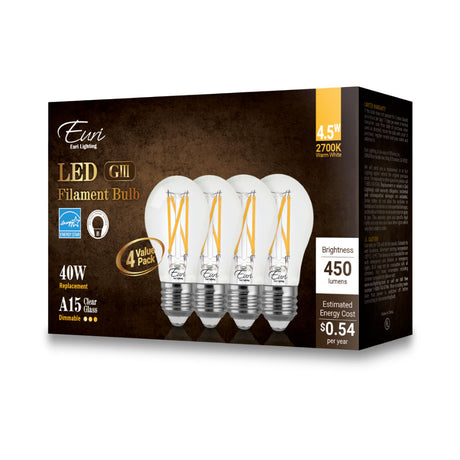 Euri Lighting VA15-3020e-4 4.5 Watt A15 Filament LED 2700K 120V (4-Pack)