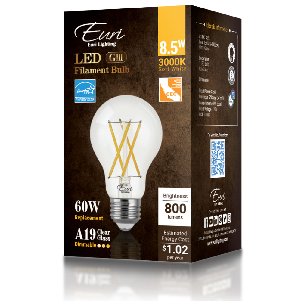 Euri Lighting VA19-3000cec 8.5 Watt A19 Filament LED 3000K 120V