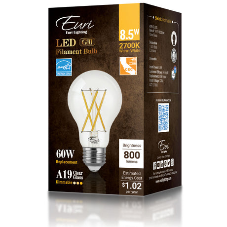 Euri Lighting VA19-3020cec 8.5 Watt A19 Filament LED 2700K 120V