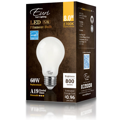 Euri Lighting VA19-3020ef 8 Watt A19 Filament LED 2700K 120V