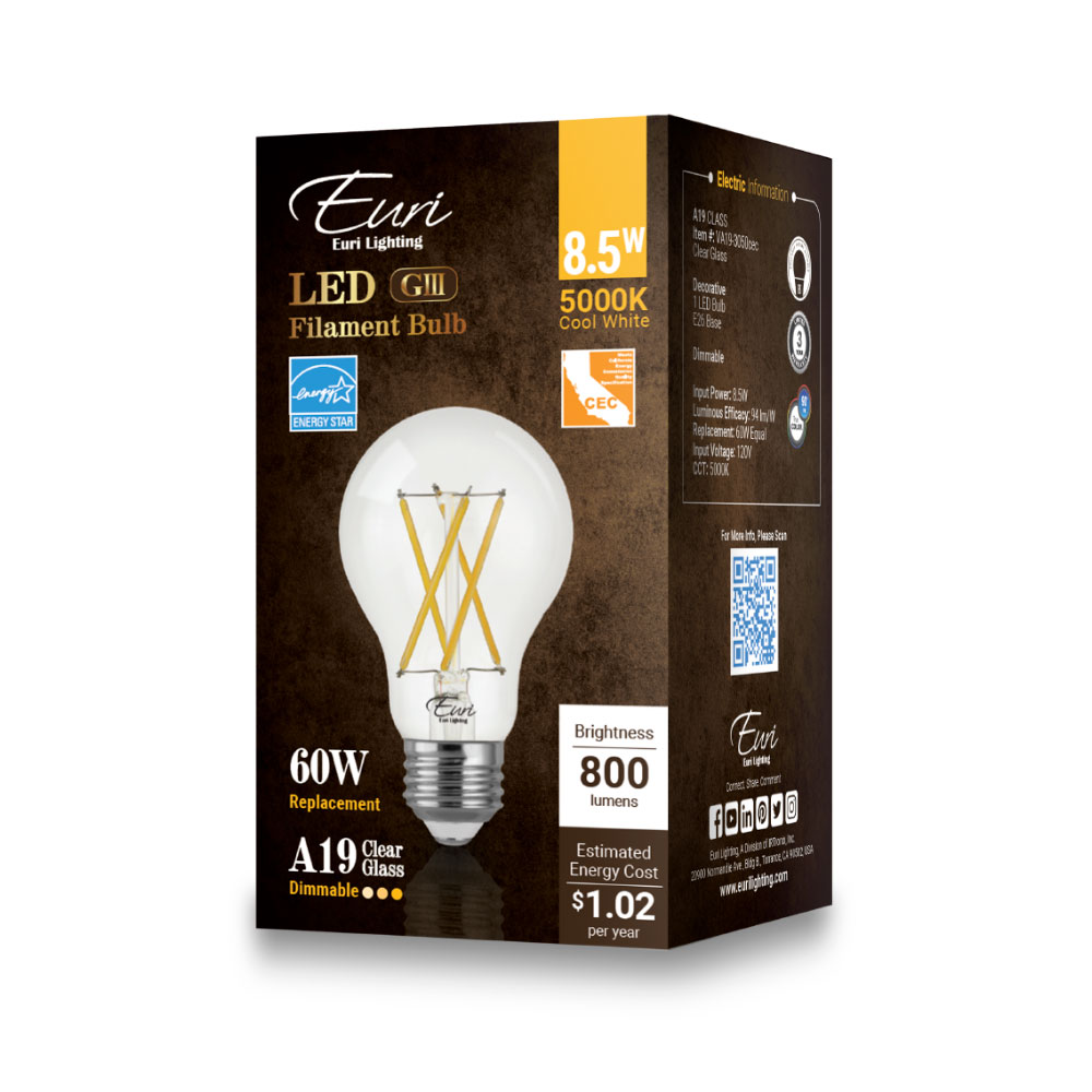 Euri Lighting VA19-3050cec 8.5 Watt A19 Filament LED 5000K 120V