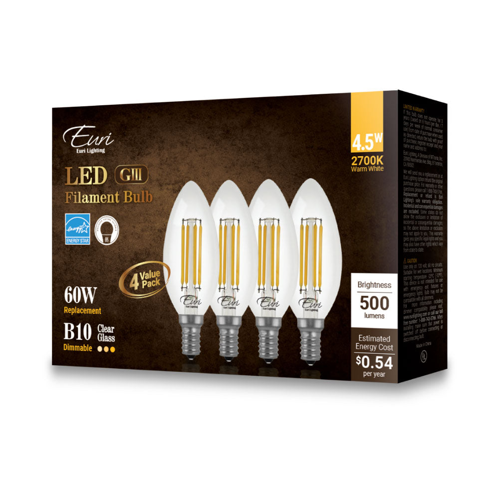 Euri Lighting VB10-3020e-4 4.5 Watt B10 Filament LED 2700K E12 120V (4-Pack)