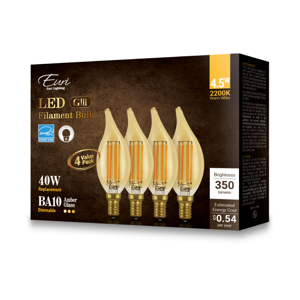 Euri Lighting VBA10-3020ea-4 4.5 Watt BA10 Amber Filament LED 2200K E12 120V (4-Pack)