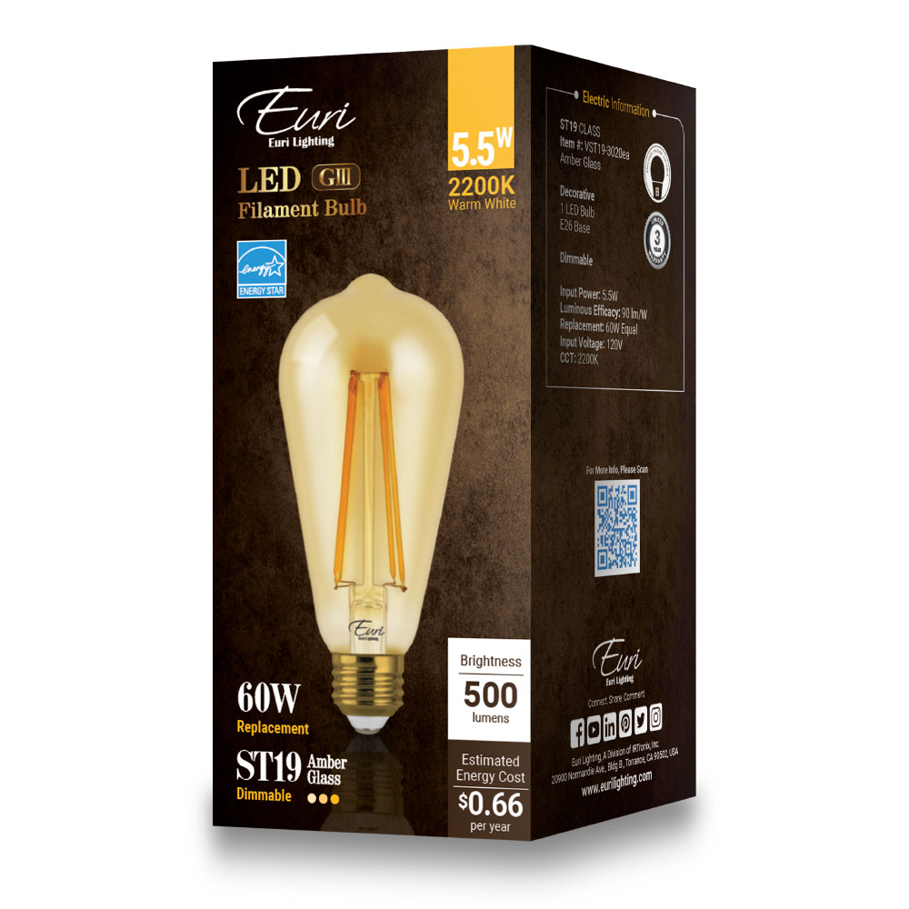 Euri Lighting VST19-3020ea 5.5 Watt ST19 Amber Filament LED 2200K 120V