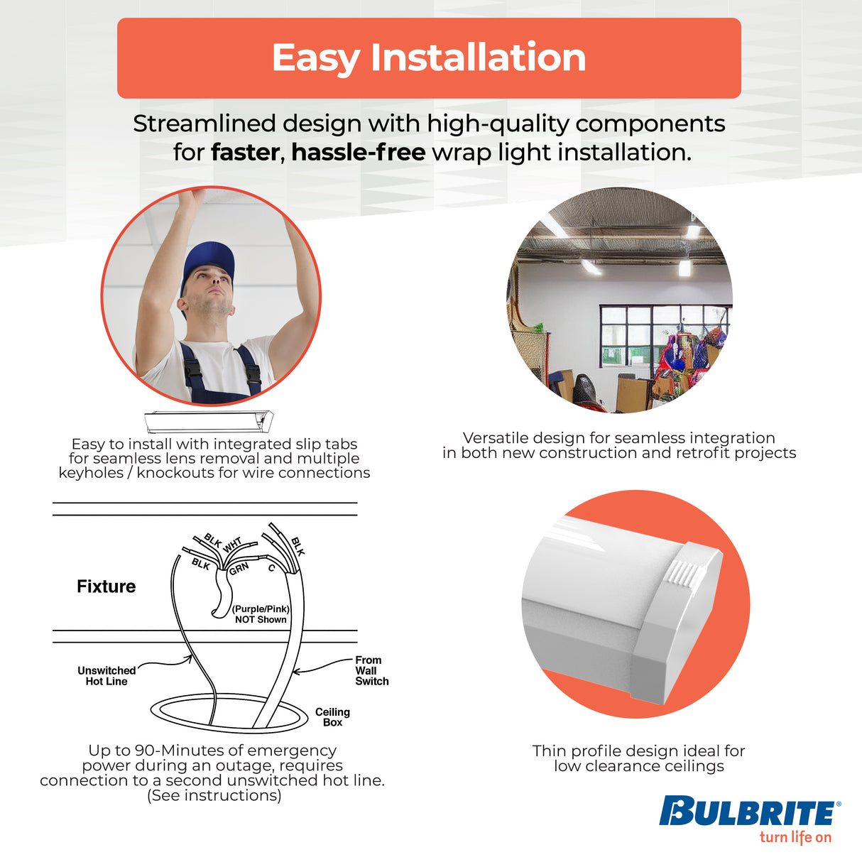 Bulbrite 773506 4 ft. 3000K LED Dimmable Wraparound Light W/ Battery Backup (120-277v), 5300 Lumens, White
