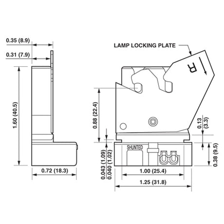 LH0668 Shunted, straight insertion lamp holder/socket with slide on mounting and self locking device