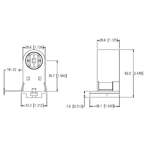 LH0712 Unshunted, stationary end HO/VHO lamp holder/socket with push fit mounting and vertical contacts