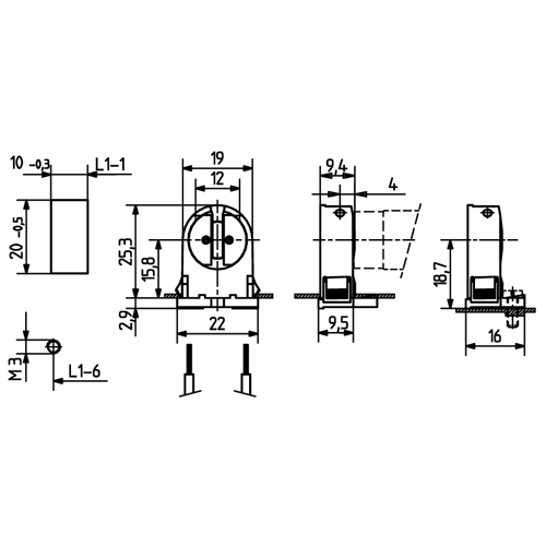 LH0763 Unshunted, rotary locking, T5 miniature lamp holder/socket with push fit/screw down mounting