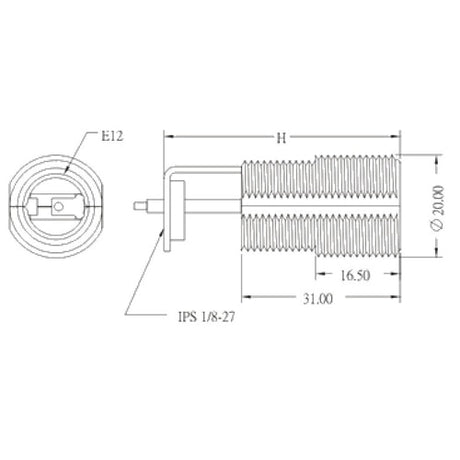 LH0782 E12 candelabra, externally threaded lamp holder/socket with 1/8 IPS hickey and 18" leads