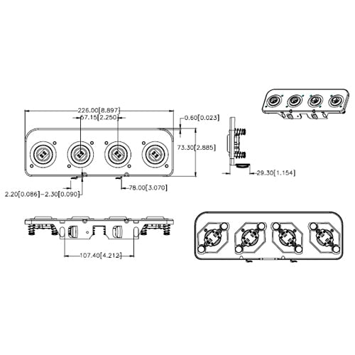 LH0818 Unshunted, 4 light HO/VHO turret assembly (compressible & stationary ends)