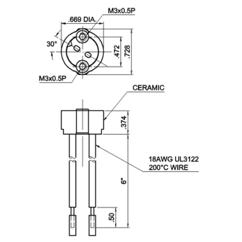 LH0831 G4, G5.3, G6.35 bipin halogen lamp holder/socket with two hole mounting and 6" leads