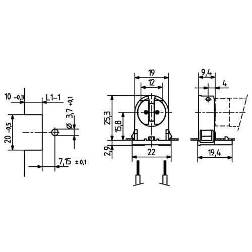 LH0838 Unshunted, rotary locking, T5 miniature bipin lamp holder/socket with push fit mounting and post/stop