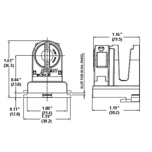 LH0875 Unshunted, rotary locking T8-T12 to T5 converter lamp holder/socket with slide on mounting