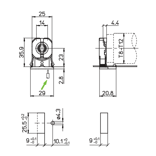 LH0896 Shunted, rotary locking, lamp holder/socket with push fit mounting and stop/post