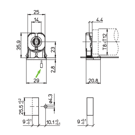 LH0896 Shunted, rotary locking, lamp holder/socket with push fit mounting and stop/post