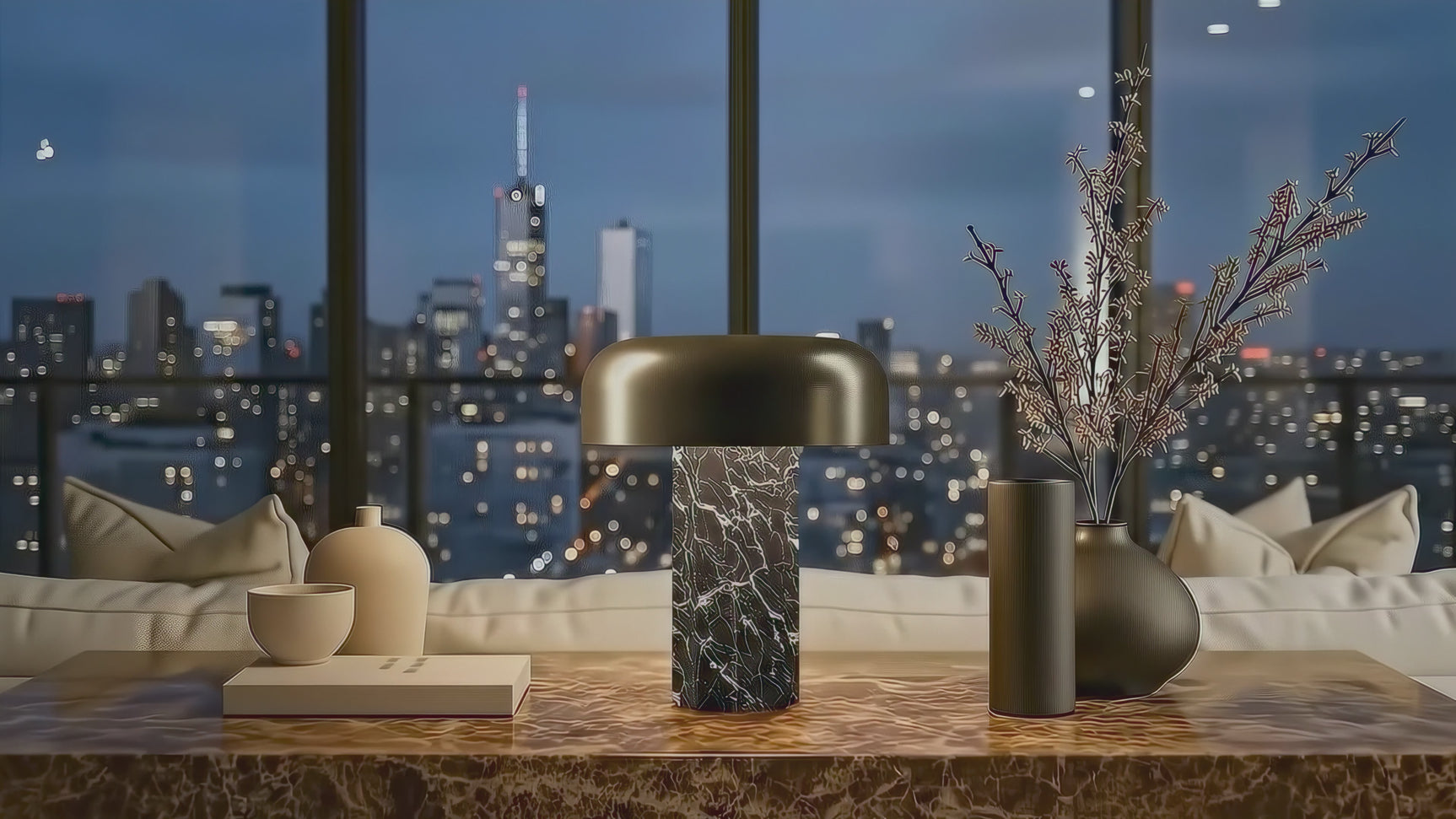 Kibun K70500 FLUTED COLUMN Rechargeable Cordless LED Table Lamp, 3-Levels Brightness Touch Sensor Control, Travertine / Chocolate Bronze