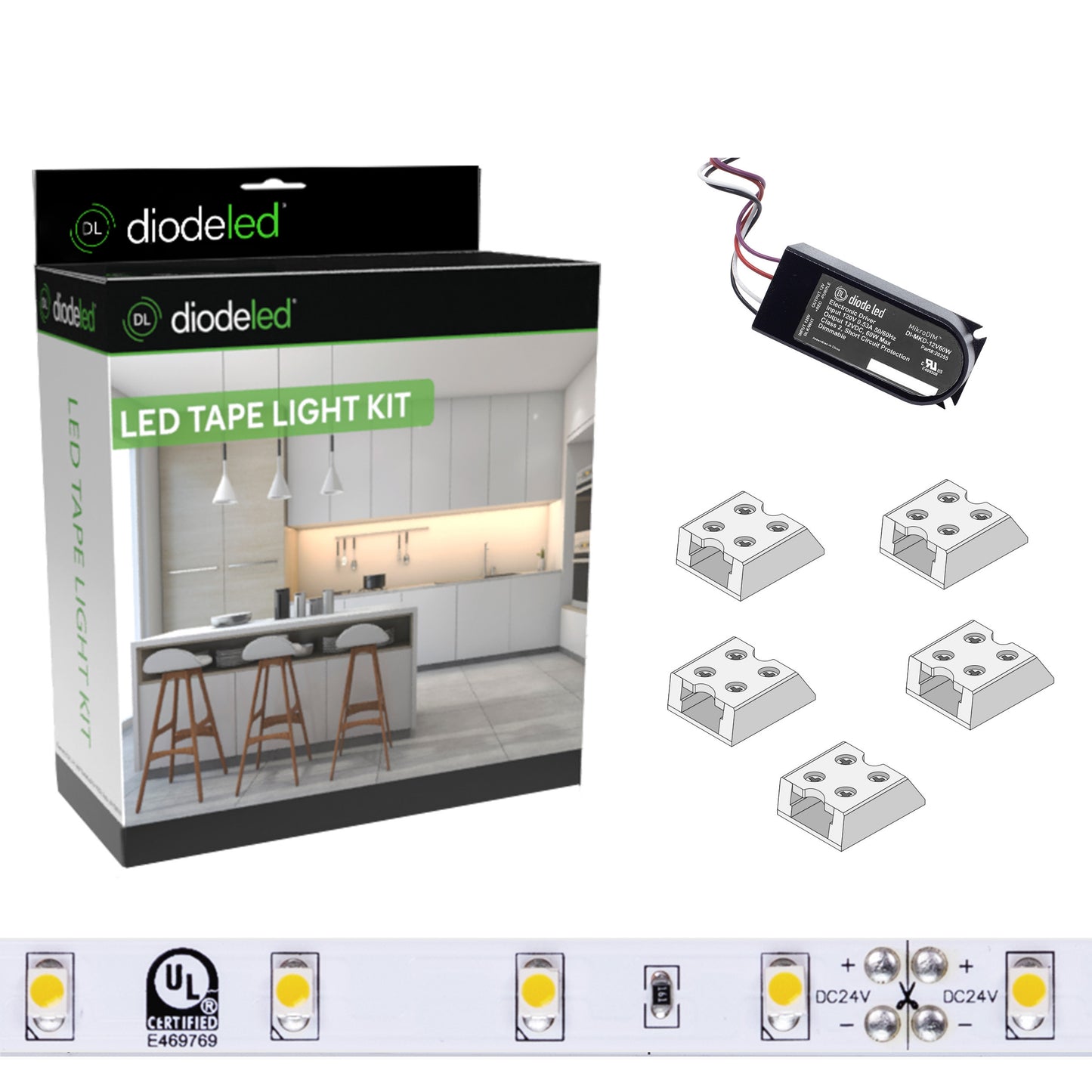 Diode LED DI-KIT-24V-BC2MD60-3000 16.4ft Blaze 200+ Lumen Per Ft LED Tape Light Kit 3000K 24V